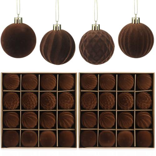 PullCrease 32 Pcs Velvet Christmas Balls Bulk 2.36 Inch Flocked Christmas Tree Ball Ornament Plastic Decorative Hanging Ornament Xmas Bulb Decorations Xmas Tree Decor for Holiday (Dark Brown)