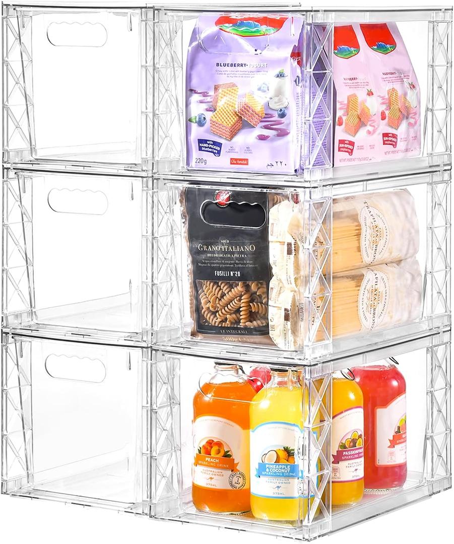 6Pack Stackable Kitchen Storage Organizer, Clear Foods Organizer Bins with Handles, Easily Assemble for Bathroom, Kitchen, Pantry, Cabinet, Closet (Large)