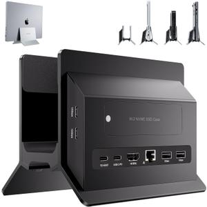 Vertical MacBook Docking Station, PULWTOP Docking Station for Mac mini with M.2 NVMe case for MacBook Pro/Air, 4K@60Hz HDMI, 2USB C 10Gbps, SD/TF, 100W PD, RJ45, 2 USB A for Windows Black