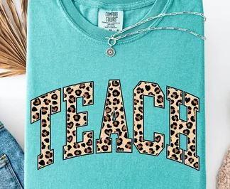 RECUTEWU Teacher Shirts for Women: Embroidery Teach T-Shirts Leopard Teaching Graphic Gifts Short Sleeve, S