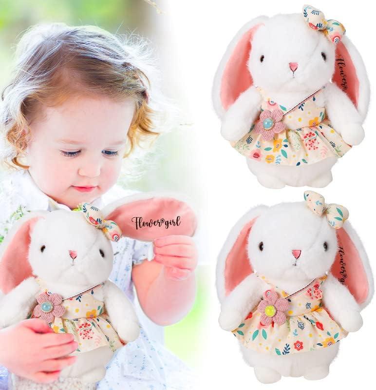 Meooeck Flower Girl Stuffed Animal Bunny Plush Toy with Embroidered Flower 10" Cute Bunny Doll Bride Gifts for Wedding Party Proposal Decorations (2 Pcs)