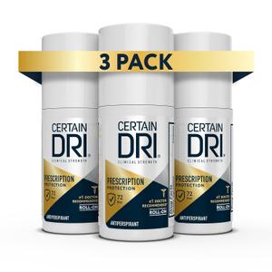 Certain Dri Prescription Strength Clinical Antiperspirant Roll-On  72-Hour Sweat Protection with Hyperhidrosis  Fragrance-Free, 15% Aluminum Chloride, Doctor Recommended, (1.2 fl oz, 3-Pack)