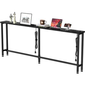 GRLEAF 63" Narrow Console Sofa Table with Built-in Power Strip (4 AC Outlets & 4 USB Ports)  4.9ft Power Cord, Metal Frame, Easy Assembly, Ideal for Behind Couch, Hallway, and Home Office | Black