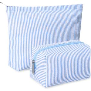 Huhumy 2 Pcs Makeup Bag Set Cute Cosmetic Pouch for Women Seersucker Travel Toiletry Bag Preppy Small Makeup Purse Pouch Aesthetic Skincare Brushes Storage Organizer for Valentine Women(Blue)