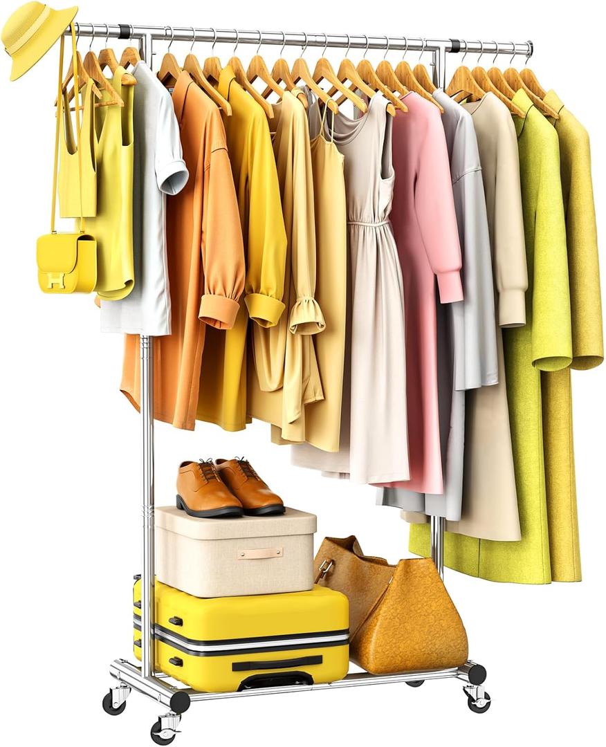 Clothes Rack for Hanging Clothes, Sturdy Stainless Steel Clothing Rack, Portable Garment Rack with Extendable Hanging Rod, Adjustable Rolling Coat Rack with AntiSlip Wheels for Home Conmercial Store