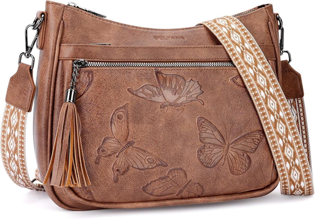 BELTANA Crossbody Bags for Women Trendy Vegan Leather Hobo Purses Medium Butterfly Cross Body Purse with Wide Strap | Adjustable Strap, Multiple Pockets, Tassel, Lightweight, Womens Gift, Shoulder Bag (Brown)