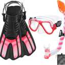 Snorkeling Gear for Kids Ages 3-14, 4 in 1 Mask Fins Snorkel Set with Panoramic View Anti Fog Mask, Dry Top Snorkel, Trek Fins and Travel Bag, Kids Snorkel Set for Snorkeling Swimming (Pink & Pink)