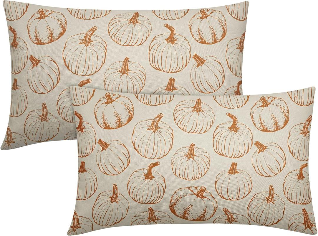 Fall Lumbar Pillow Covers 12x20 Set of 2 Burnt Orange Pumpkin Autumn Themed Thanksgiving Harvest Print Throw Pillows Outdoor PillowCase Farmhouse Linen Cushion Case Decor for Sofa Couch Bed