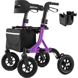 Rollator Walker for Seniors, Foldable All Terrain Rolling Walker with seat, Aluminum Walkers with 10 inch Rubber Wheels, Built-in Cable, Cup Holder, Adjustable Handles and Backrest for Seniors, Purple