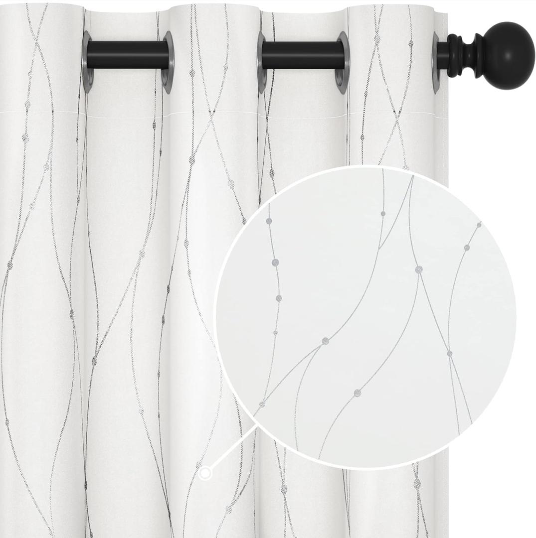 Deconovo Curtains - Silver Wave Dots Print, Thermal Insulated, Noise Reducing, Privacy Drapes for Bedroom & Living Room (38W x 90L Inch, Pure White/Silver, 2 Panels)