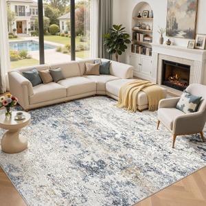 Area Rug Living Room Rugs 10x14 Washable Abstract Beige Blue Carpet Neutral Modern Large Non-Slip Soft Low Pile Rugs for Bedroom Dining Room Home Office Indoor Decor