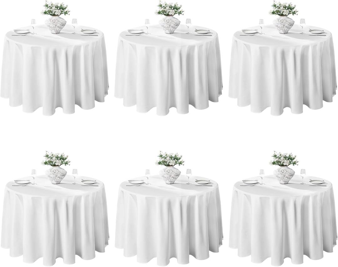VidaFete 6 Pack 120inch Round Tablecloth Polyester Table Cloth, Stain Resistant and Wrinkle Polyester Dining Table Cover for Kitchen Dinning Party Wedding Rectangular Tabletop Buffet Decoration(White)