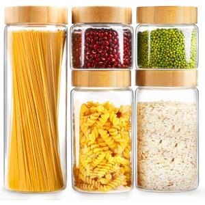 AISIPRIN Airtight Glass Jar with Lid, Glass Storage Containers with Screw On Bamboo Lids, for Cookie, Pasta, Cereal Storage Containers, 5Pcs 80oz 50oz 27oz Canisters Sets for the Kitchen