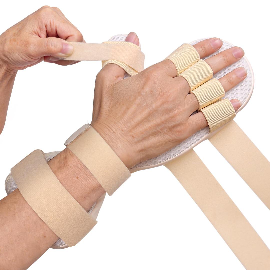 DrFinger Stroke Hand Brace Splint for Straightening Fingers with 5 Fingers Resting Support,Prevent Fingers Curling, Dupuytren's Contractures, Hand Spasms, Fit Right & Left, Men & Women - M (Beige)