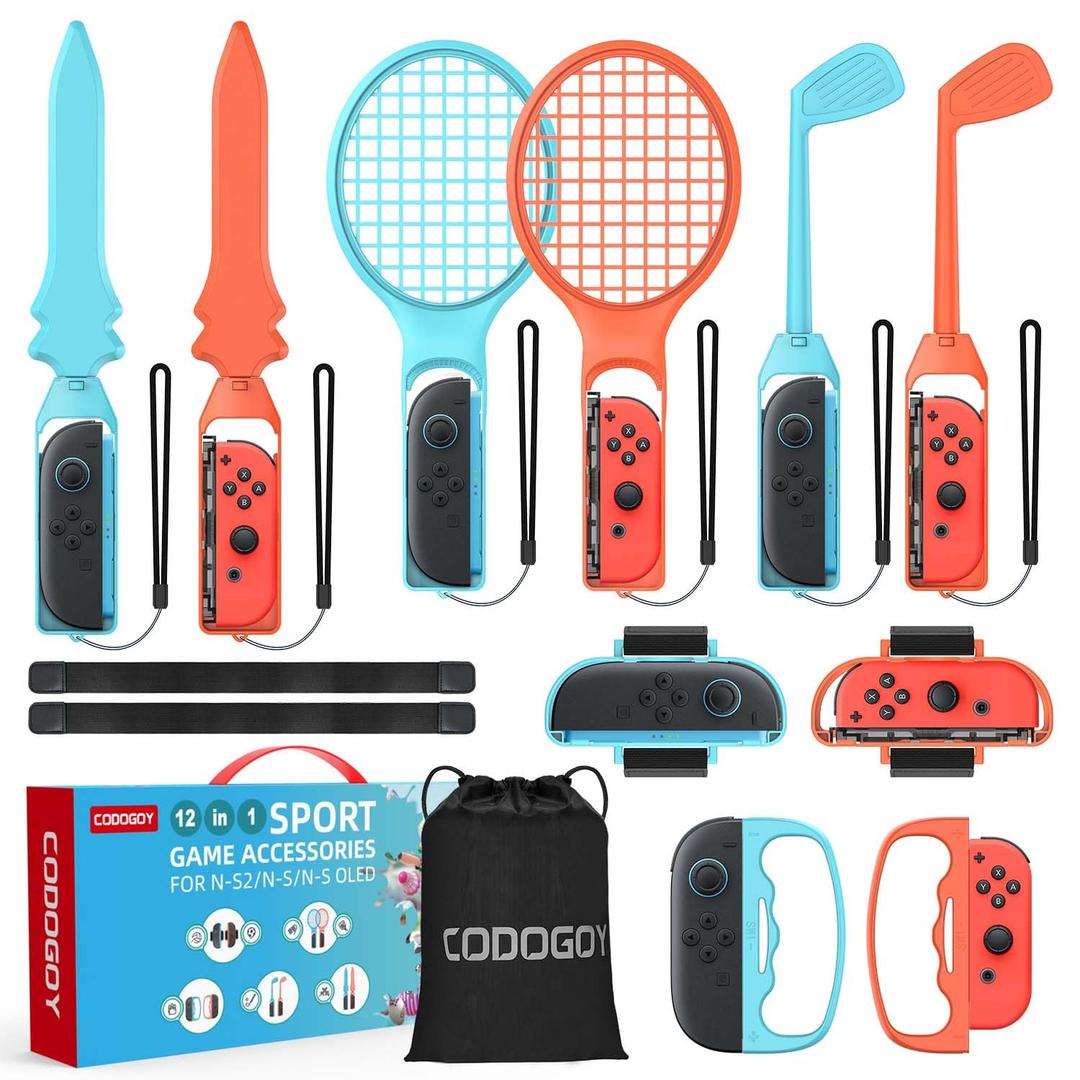 CODOGOY 12-in-1 Switch Sports Accessories Bundle for Switch 1/2/OLED - Complete Family Sports Kit with Storage Bag, Exclusive Bowling Grips & 2 Player Support for Nintendo Switch Sports Games,Switch 1/2 Compatible (ORANGE&BLUE)