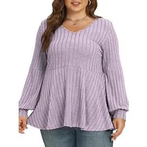 VOGRACE 3X Womens Tops Plus Size Loose Fit V Neck Shirts Winter Long Sleeve Pullover Cute Flowy Women'S Tunics Pink Grey