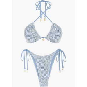 ZAFUL Women's Triangle Bikini Multiway Fishnet Tie Side Bandeau Halter String Bikini Set Two Piece Swimsuit Bathing Suits Size L