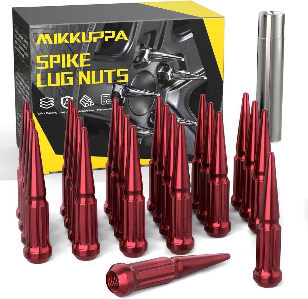 MIKKUPPA M14 x 1.5 Wheel Spike Lug Nuts, 24PCS Red M14x1.5 Lug Nut, Cone/Conical Bulge Seat, Red Closed End Nuts with 1 Socket Key Replacement for Chevy Silverado Aftermarket Wheel