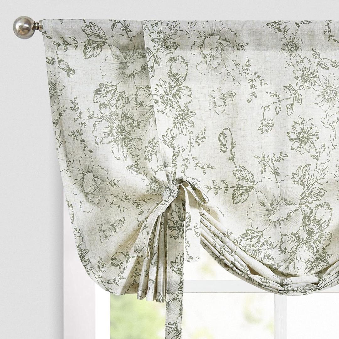 jinchan Tie Up Valance Curtain Floral Linen for Window Farmhouse Valance 54 Inch Peonies Botanical Short Window Treatment Adjustable Length for Kitchen Living Room Light Filtering 1 Panel Sage Green