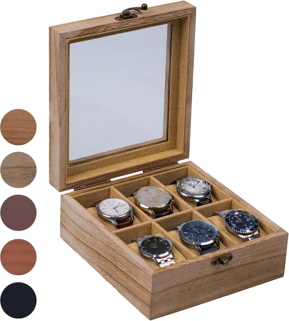 Watch Box, Watch Case for Men Women with Large Glass Lid, Wooden Watch Display Storage Box with 6 - Slots, Weathered Wood Mens Watch Box Organizer