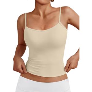 Trendy Queen Womens Adjustable Camisole Sleeveless Square Neck Spaghetti Strap Tank Tops Basic Shirt (Beige, S)