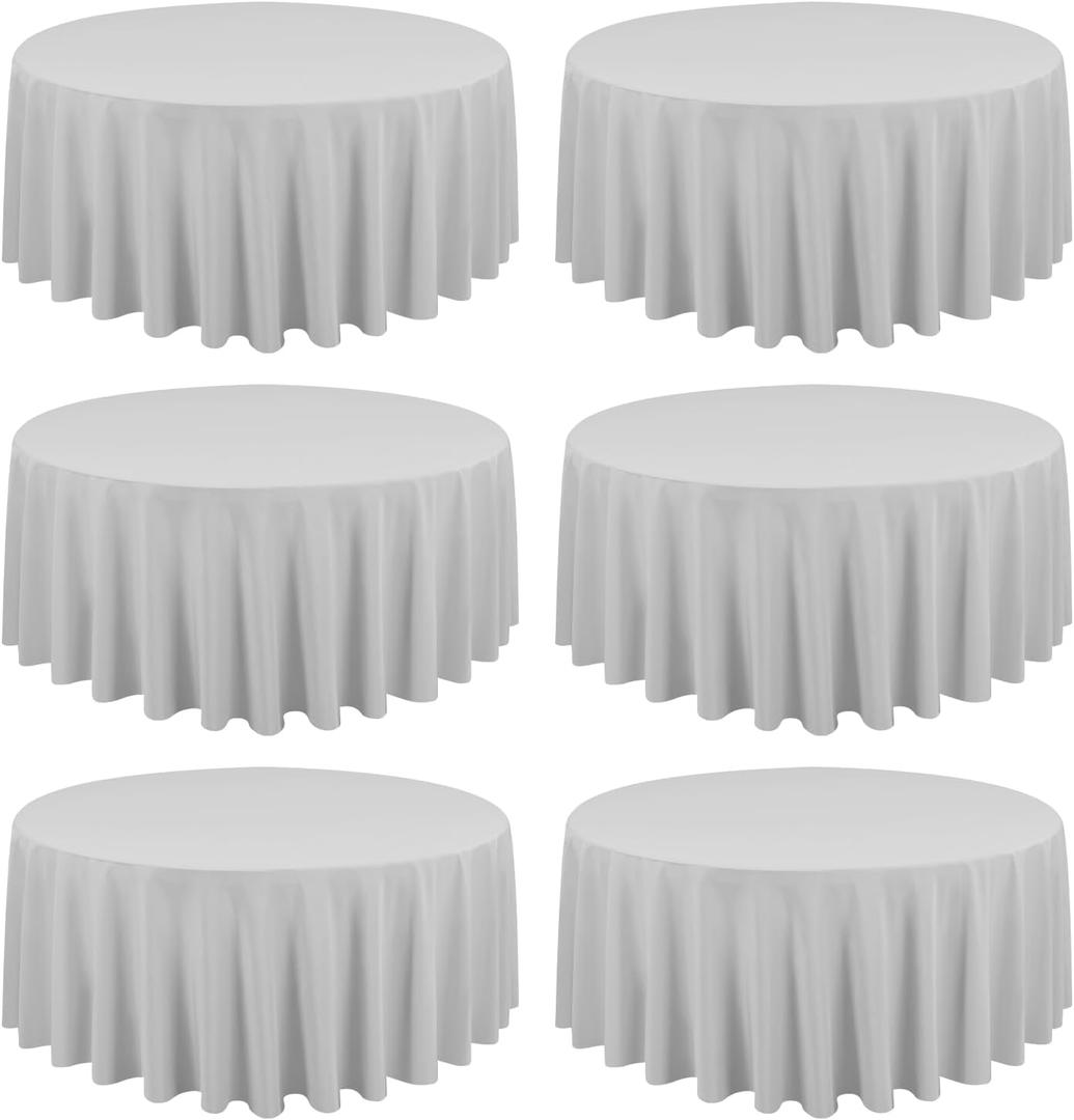 6 Pack Light Grey Round Tablecloths - 90 Inch, Polyester Table Cover, Stain and Wrinkle Resistant Washable Fabric, Perfect for Wedding Banquet Parties