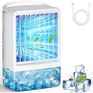 Mini Air Conditioner Small Portable AC Portable Air Conditioners with 3 Speed Wind & 7 Colorful LED Light Timer Evaporative Air Cooler Fan for Bedroom/Home/Car (White)