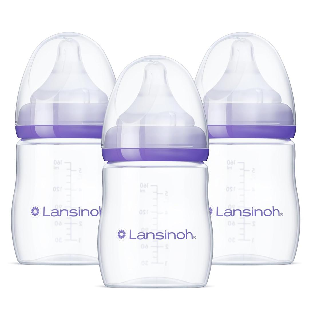 Lansinoh Anti-Colic Baby Bottles for Breastfeeding Babies, 5 Ounces, 3 Count, Includes 3 Slow Flow Nipples, Size S (1 Count (Pack of 1))