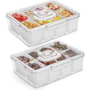 2 Pack Snackle Box Charcuterie Container, Divided Serving Tray with Lid and Handle, Portable Snack Boxes Platters Organizer for Fruit, Nuts, Candy, Veggie, Party, Picnic