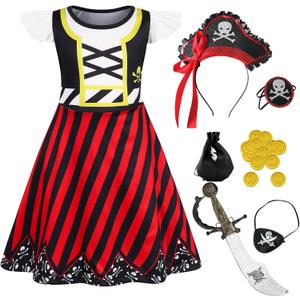 Eledobby Girls Pirate Costume Kids Halloween Dress Up Toddler Pirate Outfits Christmas Birthday Gift (2-3T, Red 3602)