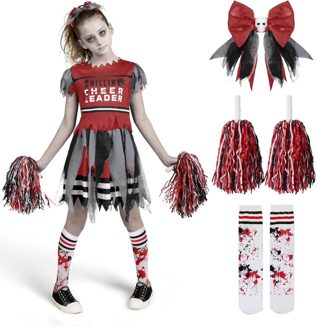 Spooktacular Creations Kids Zombie Cheerleader Halloween Costume, Dead Cheerleader Costume for Girls, Fearleader Outfit (Small(5-7 yrs), Red)