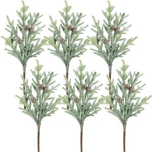 Winlyn 6 Pack Frosted Artificial Cypress Pine Stems Snowy Glittered Pine Spray with Mini Pinecones for Christmas Holiday Greens Seasonal Floral Arrangement Centerpiece Winter Wedding Dcor 13.8" Tall
