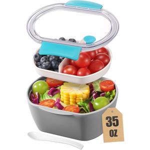 Small Salad Container for Lunch-35oz Divided Bento Box Lunch Box for Fresh Meals,Portable Salad Bowls To Go with 2-Compartment Tray Meal PrepLeak Proof Tritan Lid, Dishwasher & Microwave SafeGrey (Gray)