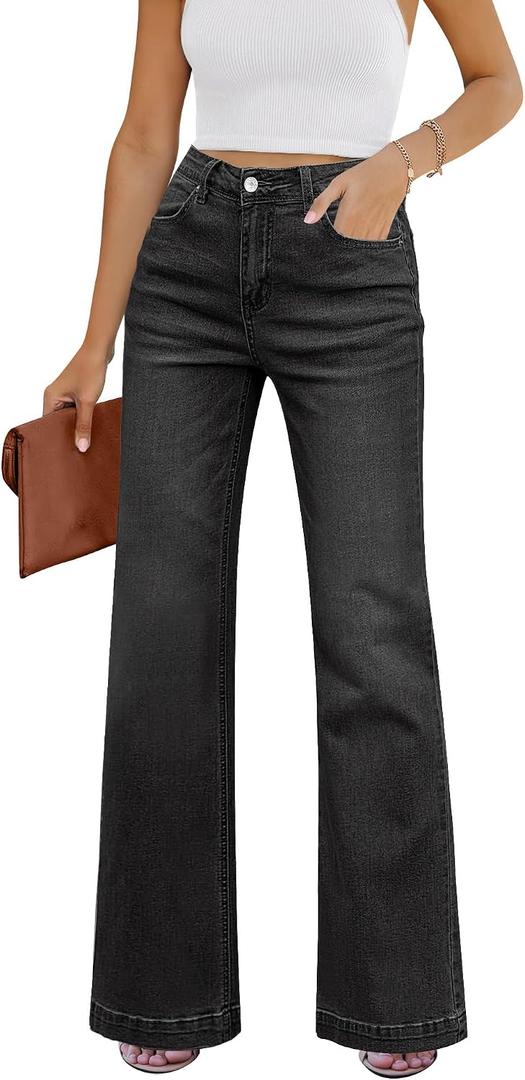 GRAPENT Flare Jeans for Women High Rise Wide Leg Baggy Stretchy Denim Pants (Black, S)