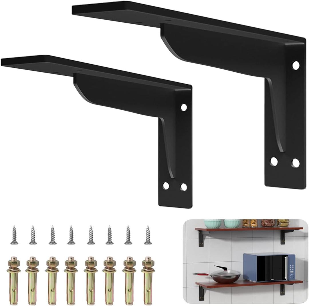 Heavy Duty Shelf Brackets, 12 inches Industrial Steel L Countertop Support 880LBS Load Capacity Black Metal Shelves Brackets DIY Triangle(2Pcs)