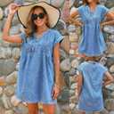 Womens Denim Romper 2025 Jean Dress V Neck Shorts Sleeves Tie Front Ruffle Overall Dress with Pockets (Blue, S)