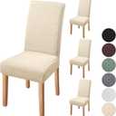 Fuloon Chair Covers for Dining Room 4 Pack, Solid Stretch Dining Chair Covers, Washable Kitchen Slip Covers, Jacquard Parson Chair Covers Set of 4(Leaf Jacquard Beige, 4 Pack)