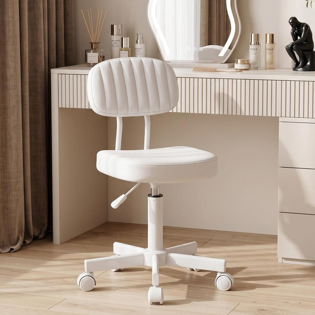 Small Office Chair,Tall Armless Vanity Desk Chair,Stool with Back,White