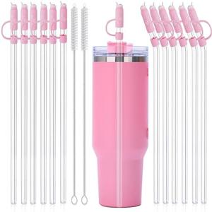 12PCS Reusable Clear Glass Straws Shatter Resistant Drinking Straw 6 Straight and 6 Bent with 12PCS Pink Straw Covers with Cleaning Brushes Environmentally Friendly For Smoothies Tea Juice12.2''x10 MM