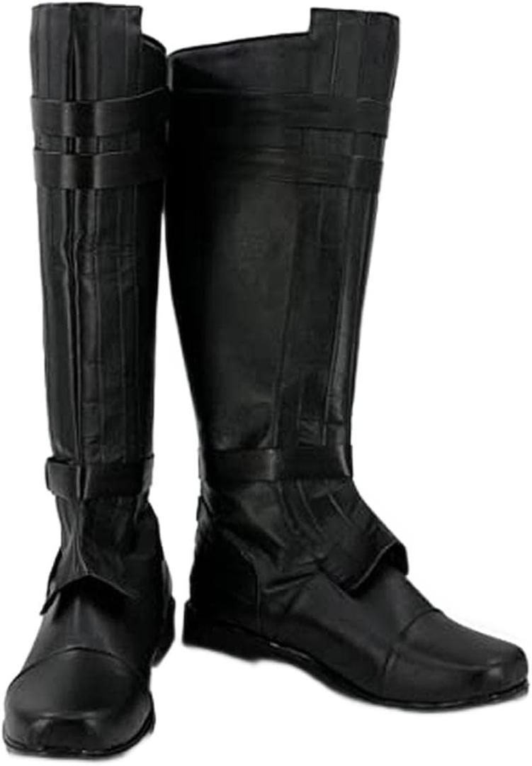 Adult Men Knight Boots Leather Warrior Cosplay Costume Pirate Shoes Knee High Footwear Halloween Costume, (11.5-Male, Black)