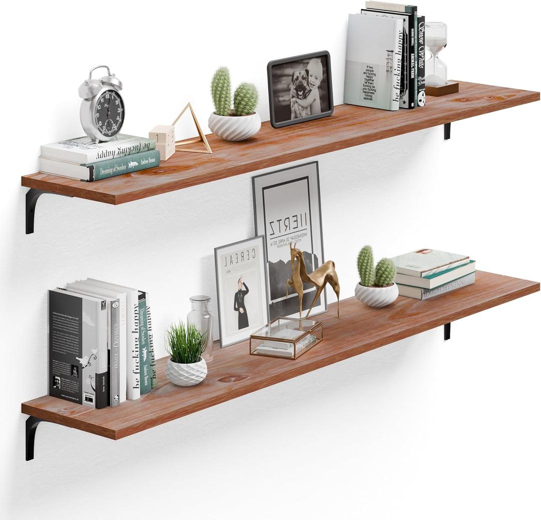 12 Inch Deep Floating Shelves Set of 2, 60 Inch Extra Wide Brown Solid Wood Wall Shelves, 5ft Heavy Duty Farmhouse Wall Mounted Shelving for Kitchen, Living Room & Bedroom