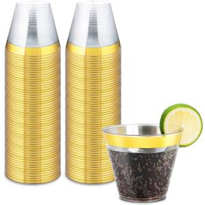 50counts 9 OZ. Disposable Cups Old fashioned Party Tumblers, 9 Ounce Squat Cups Gold Wine Glasses Hard Plastic Cups with Gold Rim
