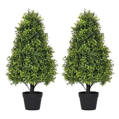 Azoco 30" Artificial Boxwood Faux Plants Outdoor, UV Resistant Topiary Trees Realistic Cone-Shaped Fake Bushes and Shrubs Potted Fake plants Set of 2 for Front Porch Patio Outside Planter Decor