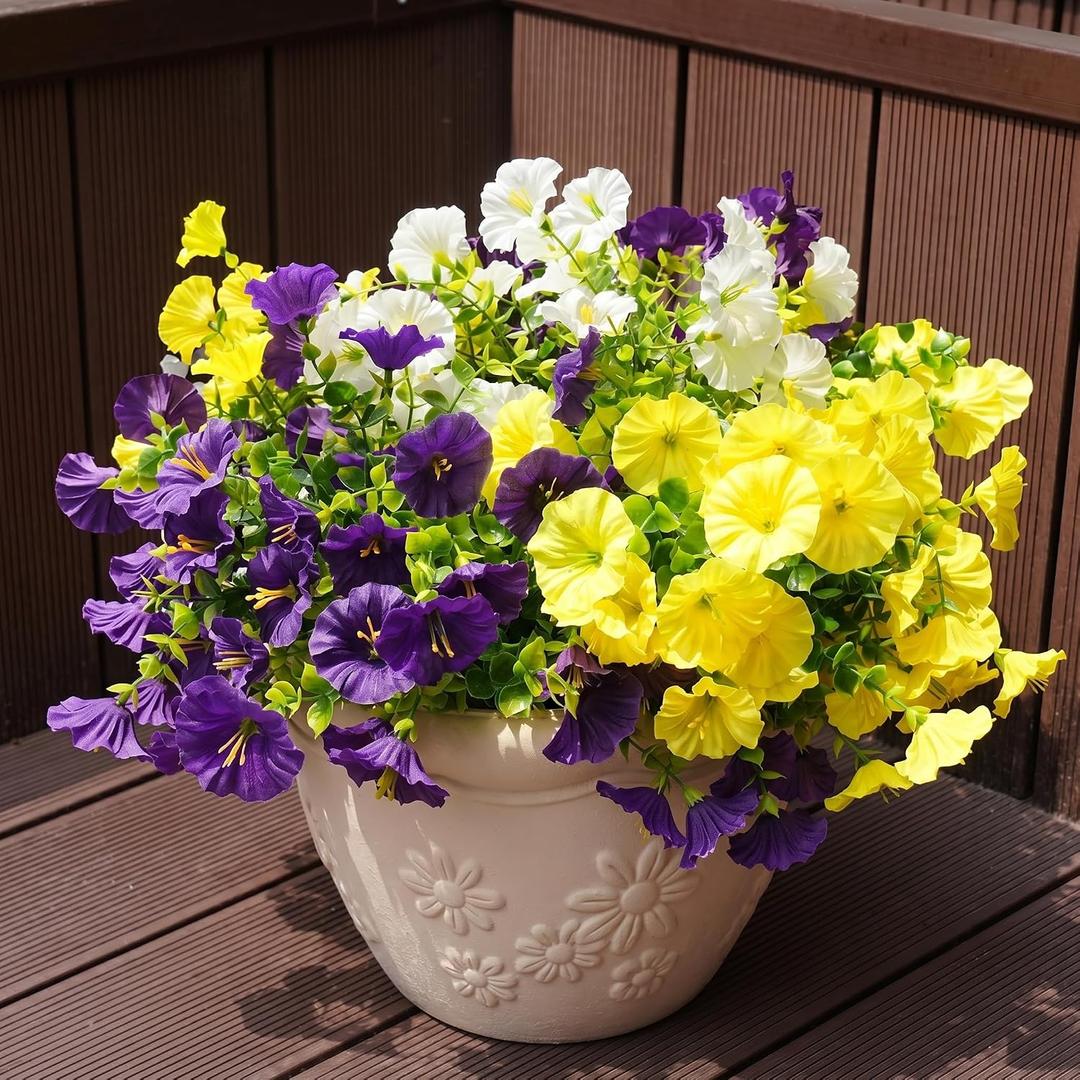Artificial Flowers for Outdoors, UV Resistant Fake Silk Morning Glory, Realistic Faux Plants for Outside Porch Patio Window Box Hanging Planter (12, Purple White Yellow)