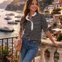 BLENCOT Summer T Shirt for Women Casual Puff Sleeve Button Down Ruffle Collar Striped Knit Blouse Tops (Black, L)