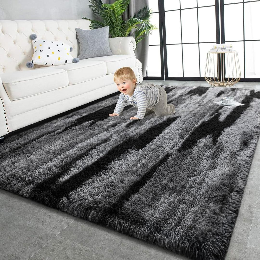 TWINNIS Super Soft Shaggy Rugs Fluffy Carpets, 6x9 Feet, Indoor Modern Plush Area Rugs for Living Room Bedroom Kids Room Nursery Home Decor, Upgrade Anti-Skid Rectangular Fuzzy Rug, Black Gray