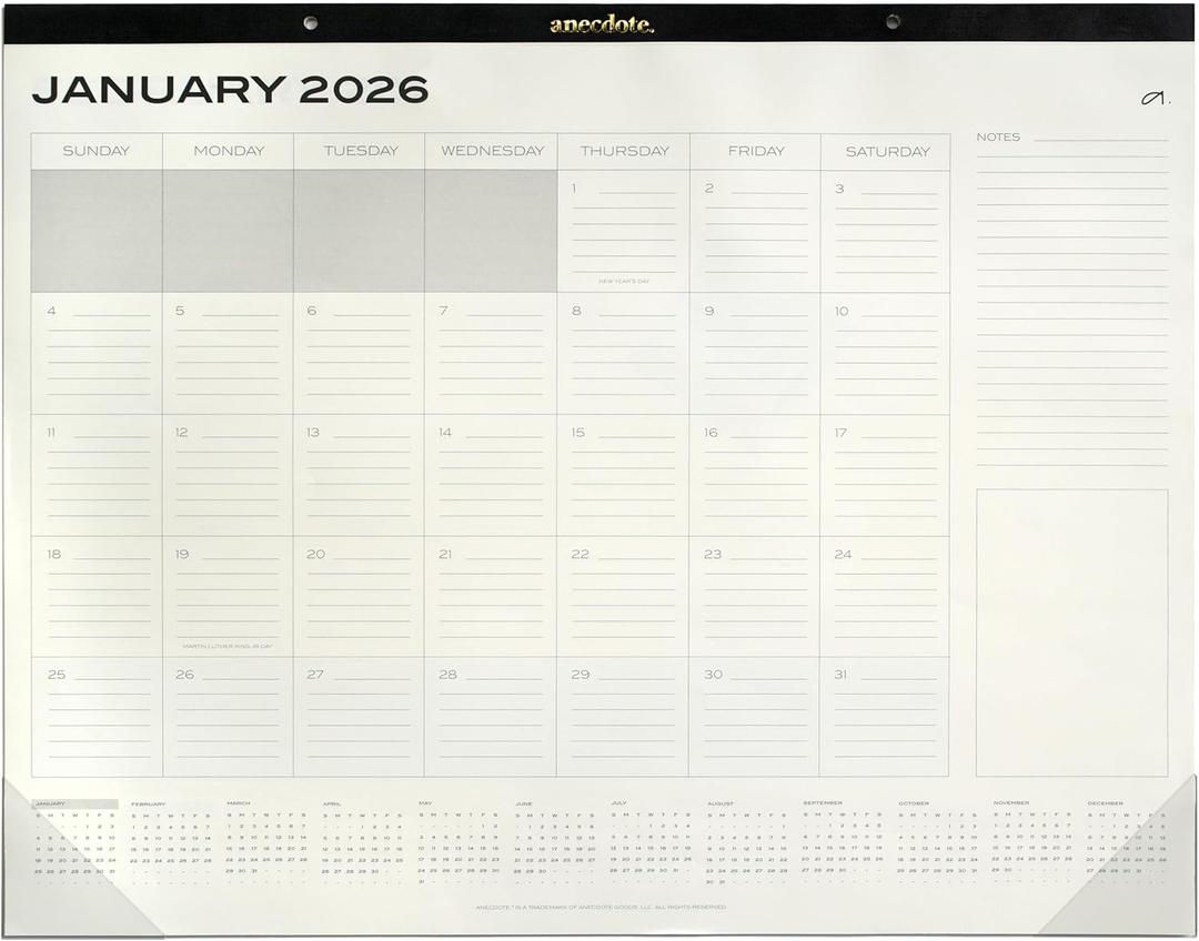 Anecdote Desk Calendar 2026, Cream Paper, 22 x 17 inches, January - December 2026 Calendar, Easy to Read, Large Space to Write Daily (2026) (Black)
