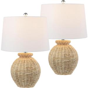 JONATHAN Y 22" Brown Rattan Rustic Coastal Table Lamp Set of 2, Woven Wicker Globe Base with White Linen Shade for Living Room Bedroom, UL Listed, LED Bulbs Included JYL4050A-SET2