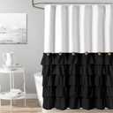 Seasonwood Black and White Farmhouse Shower Curtain 72 x 72 Black Ruffle Shower Curtain with Vintage Buttons, Rustic Decorative Fabric Shower Curtains for Guest Bathroom, 72" x 72", Black and White
