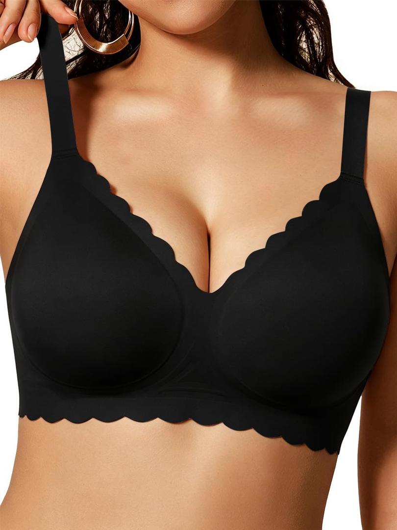 COCOMARTS Jelly Bras for Women No Underwire Scalloped Push Up Seamless Full Coverage Plunge Bralettes Wireless Tshirt Bras (Black, XL)